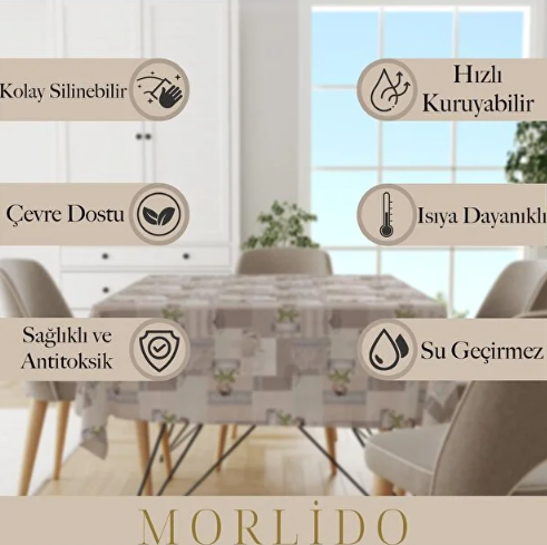 MORLİDO Yıkanabilir Silinebilir Leke Tutmaz Kumaş Görünümlü Hijyenik Masa Örtüsü