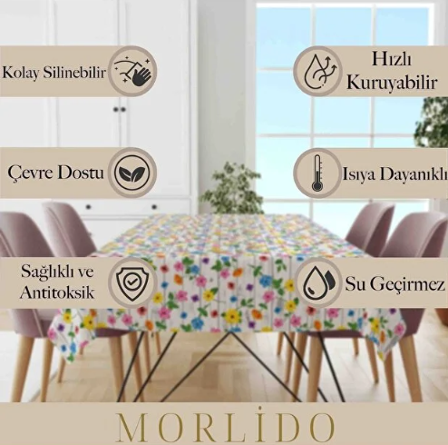 MORLİDO Yıkanabilir Silinebiilir Leke Tutmaz Kumaş Görünümlü Hijyenik Masa Örtüsü